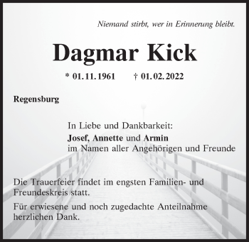 Traueranzeige von Dagmar Kick von Mittelbayerische Zeitung Regensburg