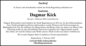 Traueranzeige von Dagmar Kick von Mittelbayerische Zeitung Regensburg