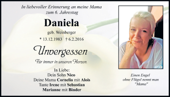 Traueranzeige von Daniela  von Bayerwald Echo