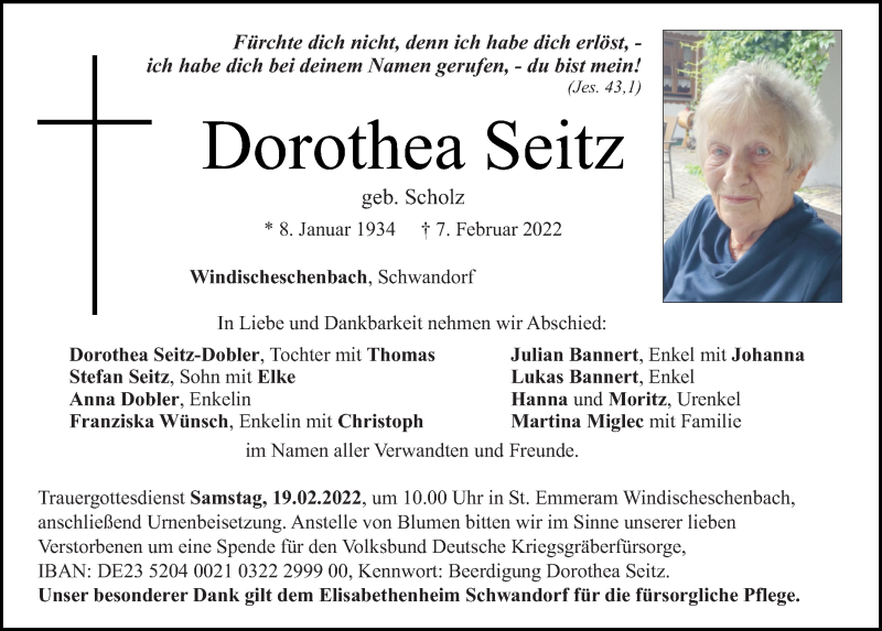  Traueranzeige für Dorothea Seitz vom 12.02.2022 aus Mittelbayerische Zeitung Schwandorf