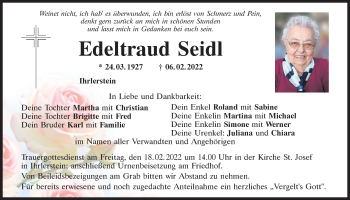 Traueranzeige von Edeltraud Seidl von Mittelbayerische Zeitung Kelheim