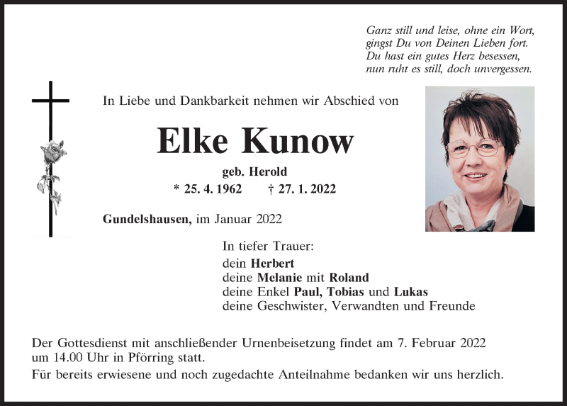  Traueranzeige für Elke Kunow vom 05.02.2022 aus Mittelbayerische Zeitung Kelheim