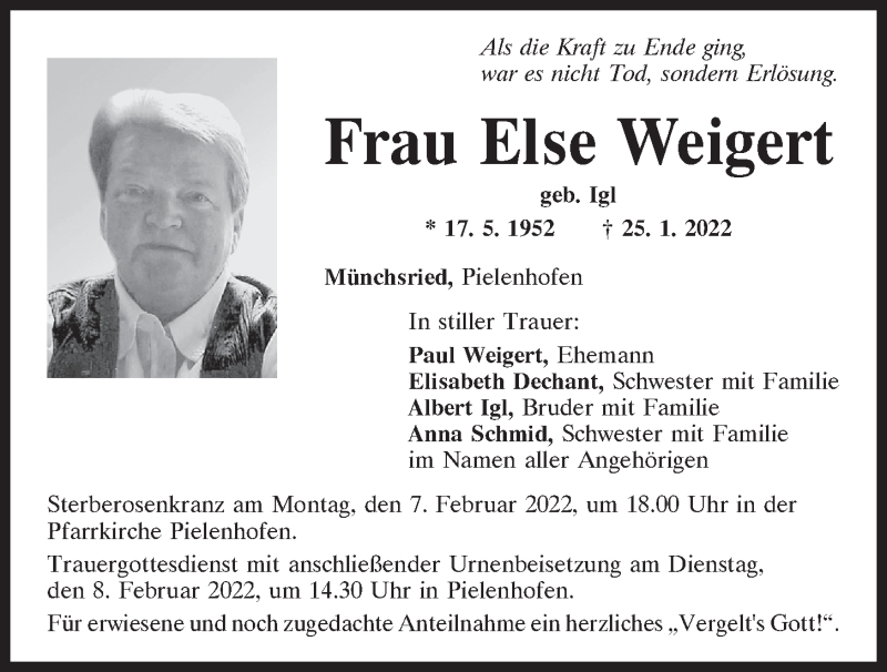  Traueranzeige für Else Weigert vom 05.02.2022 aus Neumarkter Tagblatt