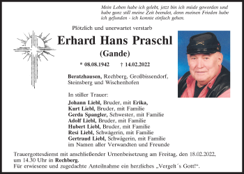 Traueranzeige von Erhard Hans Praschl von Mittelbayerische Zeitung Regensburg