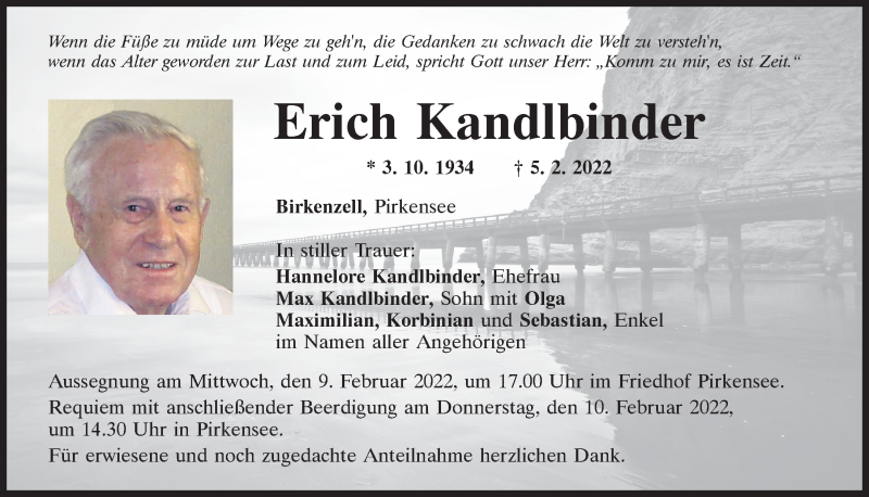  Traueranzeige für Erich Kandlbinder vom 08.02.2022 aus Mittelbayerische Zeitung Schwandorf
