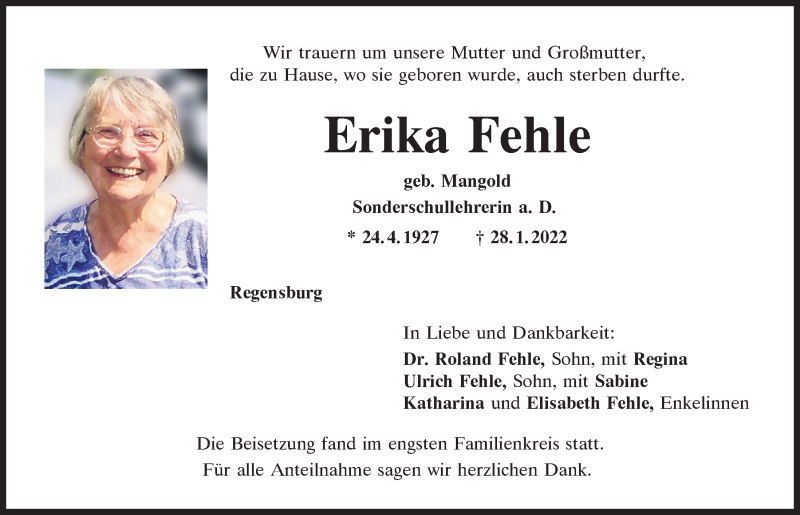  Traueranzeige für Erika Fehle vom 12.02.2022 aus Mittelbayerische Zeitung Regensburg