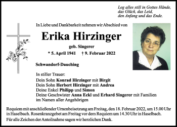 Traueranzeige von Erika Hirzinger von Mittelbayerische Zeitung Schwandorf