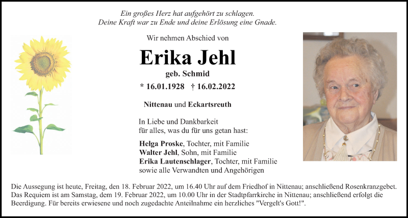  Traueranzeige für Erika Jehl vom 18.02.2022 aus Mittelbayerische Zeitung Schwandorf