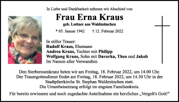 Traueranzeige von Erna Kraus von Bayerwald Echo