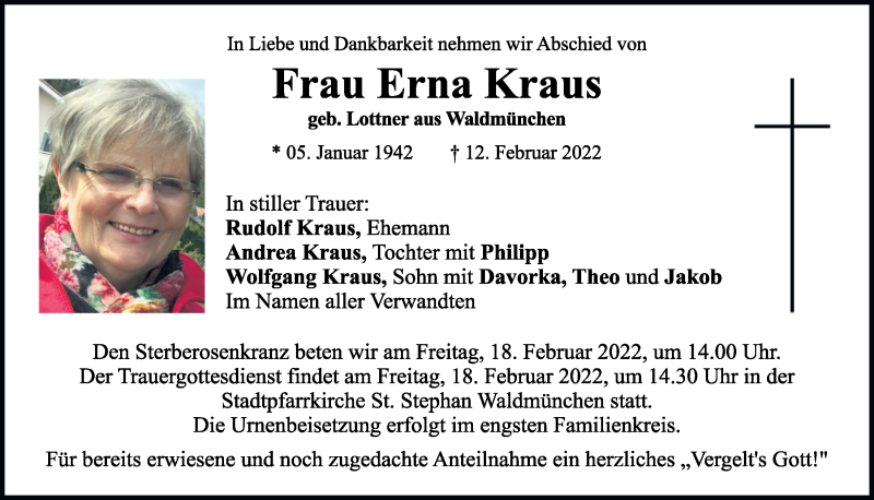  Traueranzeige für Erna Kraus vom 16.02.2022 aus Bayerwald Echo
