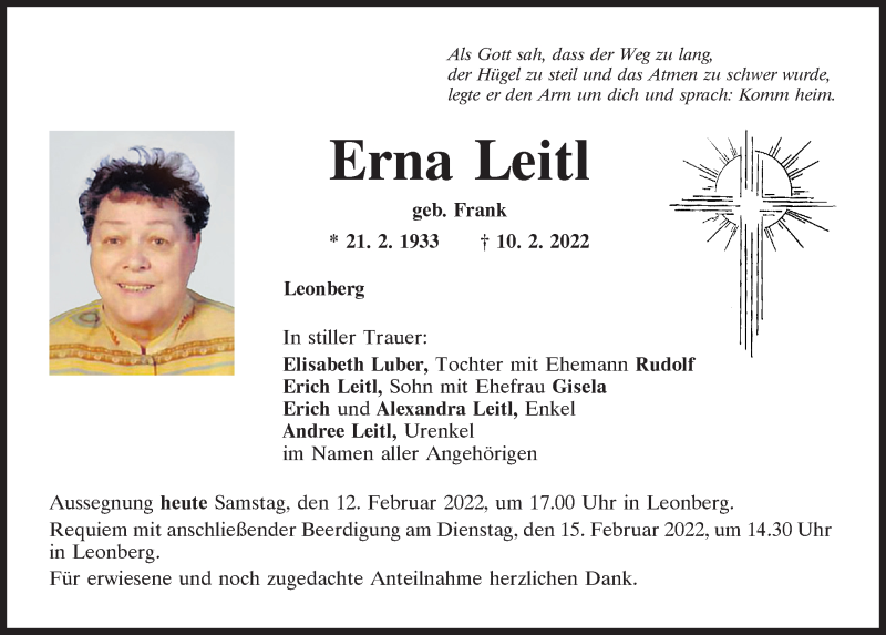  Traueranzeige für Erna Leitl vom 12.02.2022 aus Mittelbayerische Zeitung Schwandorf