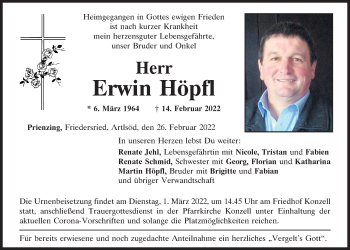 Traueranzeige von Erwin Höpfl von Bayerwald Echo