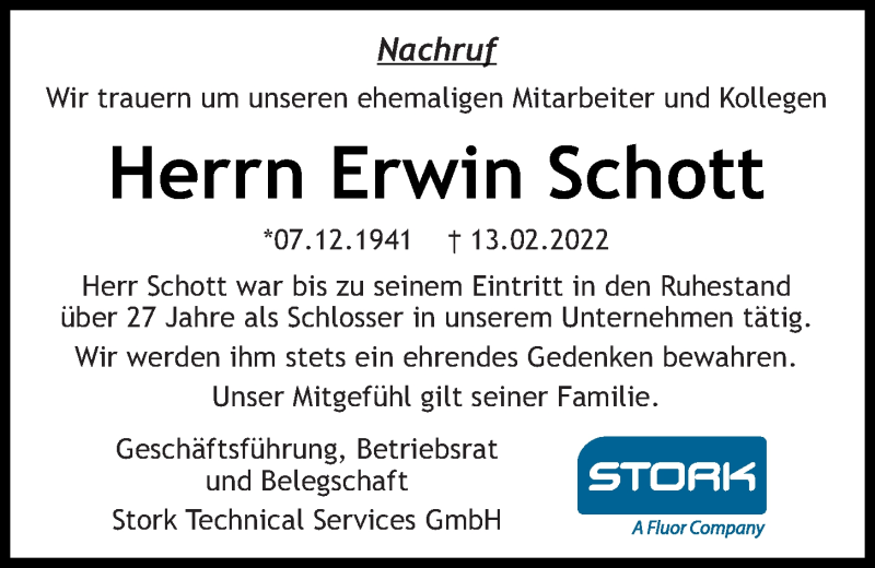  Traueranzeige für Erwin Schott vom 26.02.2022 aus Mittelbayerische Zeitung Regensburg