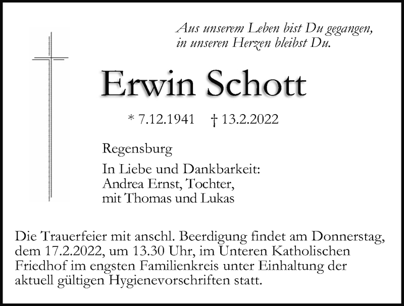  Traueranzeige für Erwin Schott vom 16.02.2022 aus Mittelbayerische Zeitung Regensburg