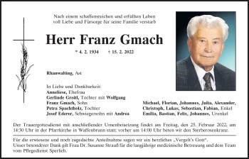 Traueranzeige von Franz Gmach von Bayerwald Echo