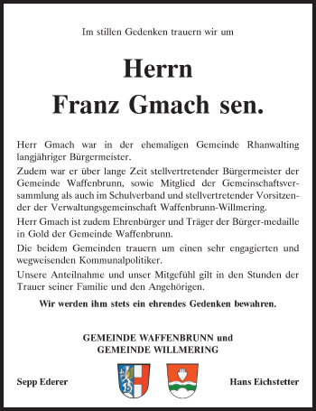 Traueranzeige von Franz Gmach von Bayerwald Echo