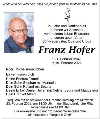Traueranzeige von Franz Hofer von Bayerwald Echo