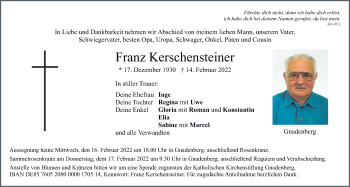 Traueranzeige von Franz Kerschensteiner von Neumarkter Tagblatt