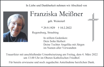 Traueranzeige von Franziska Meißner von Mittelbayerische Zeitung Regensburg
