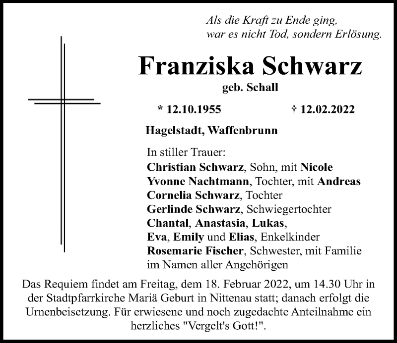  Traueranzeige für Franziska Schwarz vom 16.02.2022 aus Mittelbayerische Zeitung Regensburg