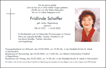 Traueranzeige von Fridlinde Schaffer von Mittelbayerische Zeitung Regensburg