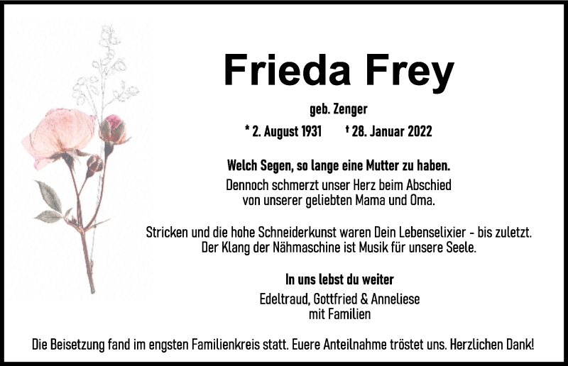  Traueranzeige für Frieda Frey vom 12.02.2022 aus Mittelbayerische Zeitung Schwandorf