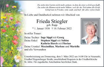 Traueranzeige von Frieda Stiegler von Neumarkter Tagblatt