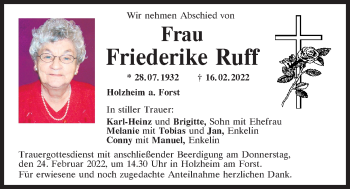 Traueranzeige von Friederike Ruff von Mittelbayerische Zeitung Regensburg