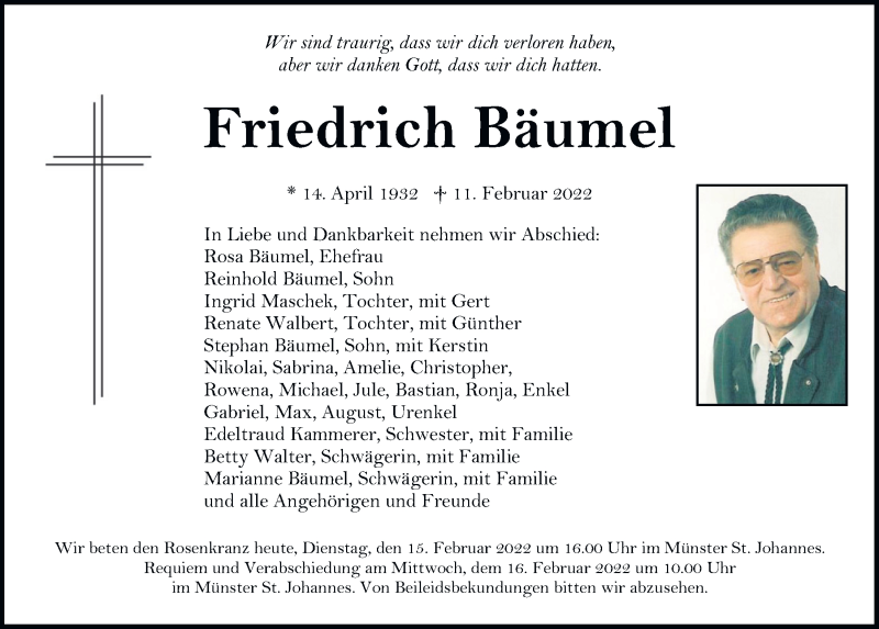  Traueranzeige für Friedrich Bäumel vom 15.02.2022 aus Neumarkter Tagblatt