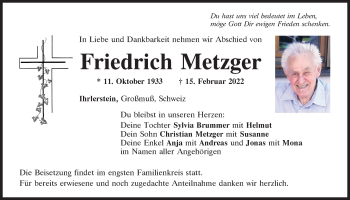 Traueranzeige von Friedrich Metzger von Mittelbayerische Zeitung Kelheim