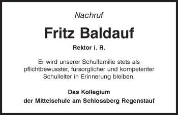 Traueranzeige von Fritz Baldauf von Mittelbayerische Zeitung Regensburg