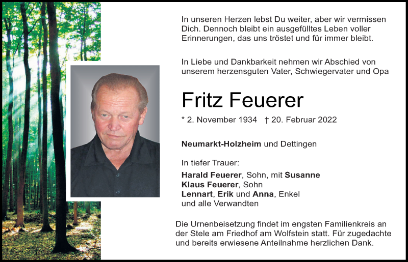  Traueranzeige für Fritz Feuerer vom 22.02.2022 aus Neumarkter Tagblatt