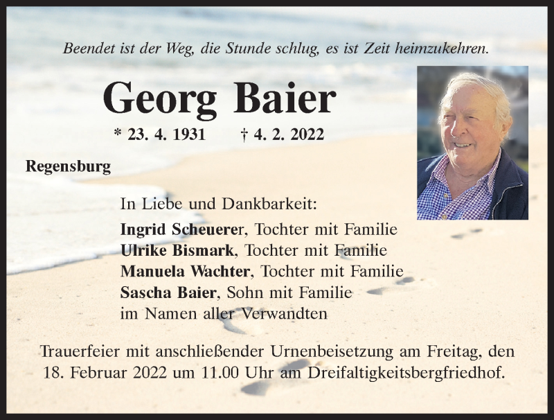  Traueranzeige für Georg Baier vom 12.02.2022 aus Mittelbayerische Zeitung Regensburg