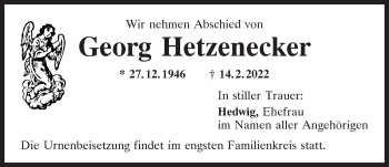 Traueranzeige von Georg Hetzenecker von Mittelbayerische Zeitung Kelheim