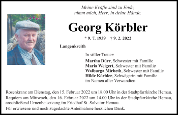 Traueranzeige von Georg Körbler von Mittelbayerische Zeitung Regensburg