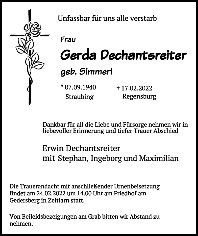  Traueranzeige für Gerda Dechantsreiter vom 22.02.2022 aus Mittelbayerische Zeitung Regensburg