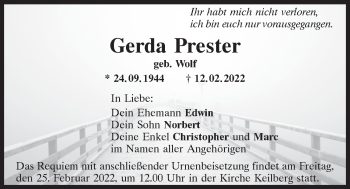 Traueranzeige von Gerda Prester von Mittelbayerische Zeitung Regensburg