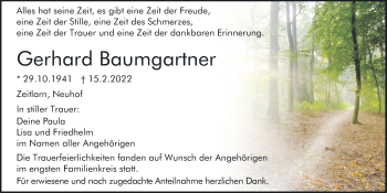 Traueranzeige von Gerhard Baumgartner von Mittelbayerische Zeitung Regensburg