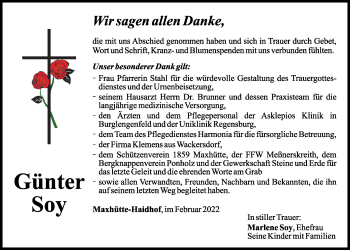 Traueranzeige von Günter Soy von Mittelbayerische Zeitung Schwandorf