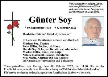 Traueranzeige von Günter Soy von Mittelbayerische Zeitung Schwandorf