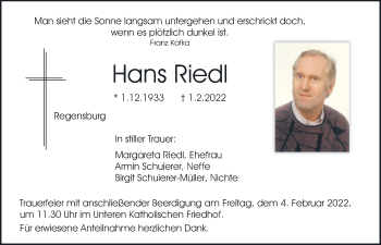 Traueranzeige von Hans Riedl von Mittelbayerische Zeitung Regensburg