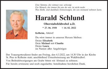 Traueranzeige von Harald Schlund von Mittelbayerische Zeitung Kelheim