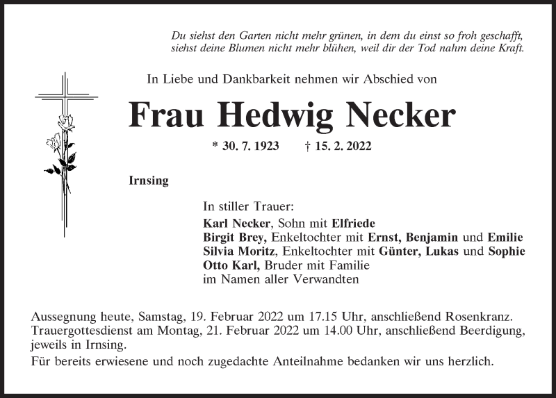  Traueranzeige für Hedwig Necker vom 19.02.2022 aus Mittelbayerische Zeitung Kelheim