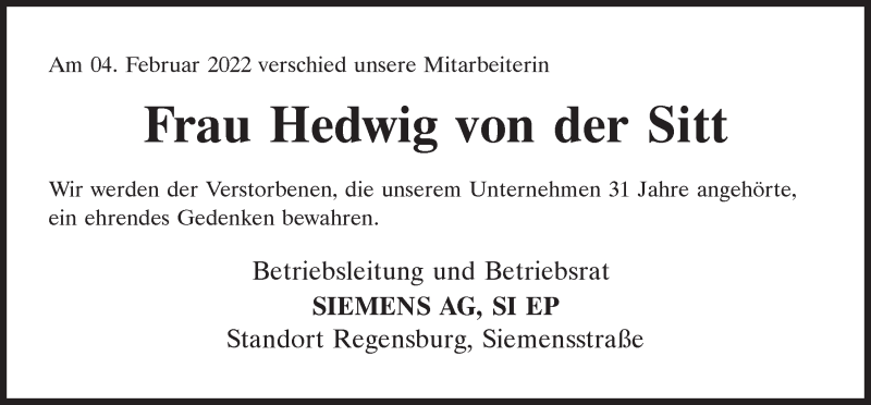  Traueranzeige für Hedwig von der Sitt vom 09.02.2022 aus Mittelbayerische Zeitung Regensburg