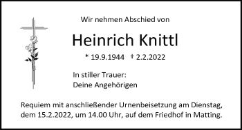 Traueranzeige von Heinrich Knittl von Mittelbayerische Zeitung Regensburg