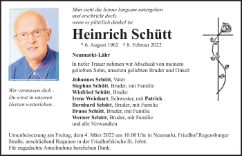 Traueranzeige von Heinrich Schütt von Neumarkter Tagblatt
