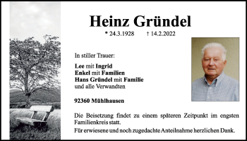 Traueranzeige von Heinz Gründel von Neumarkter Tagblatt
