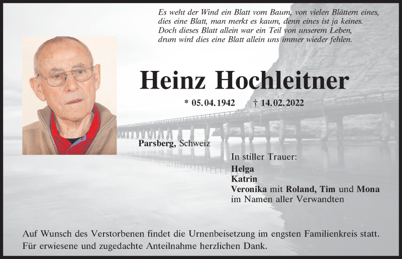 Traueranzeige für Heinz Hochleitner vom 19.02.2022 aus Mittelbayerische Zeitung Regensburg