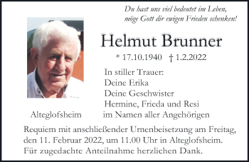 Traueranzeige von Helmut Brunner von Mittelbayerische Zeitung Regensburg