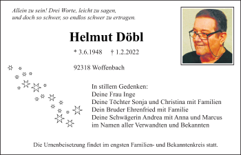 Traueranzeige von Helmut Döbl von Neumarkter Tagblatt